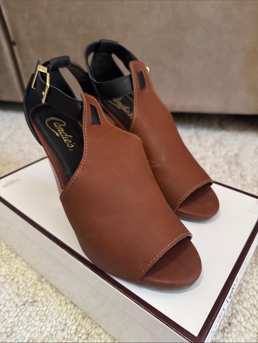 Candie's Brown Open-Toe Slingback Heels with Gold Buckle